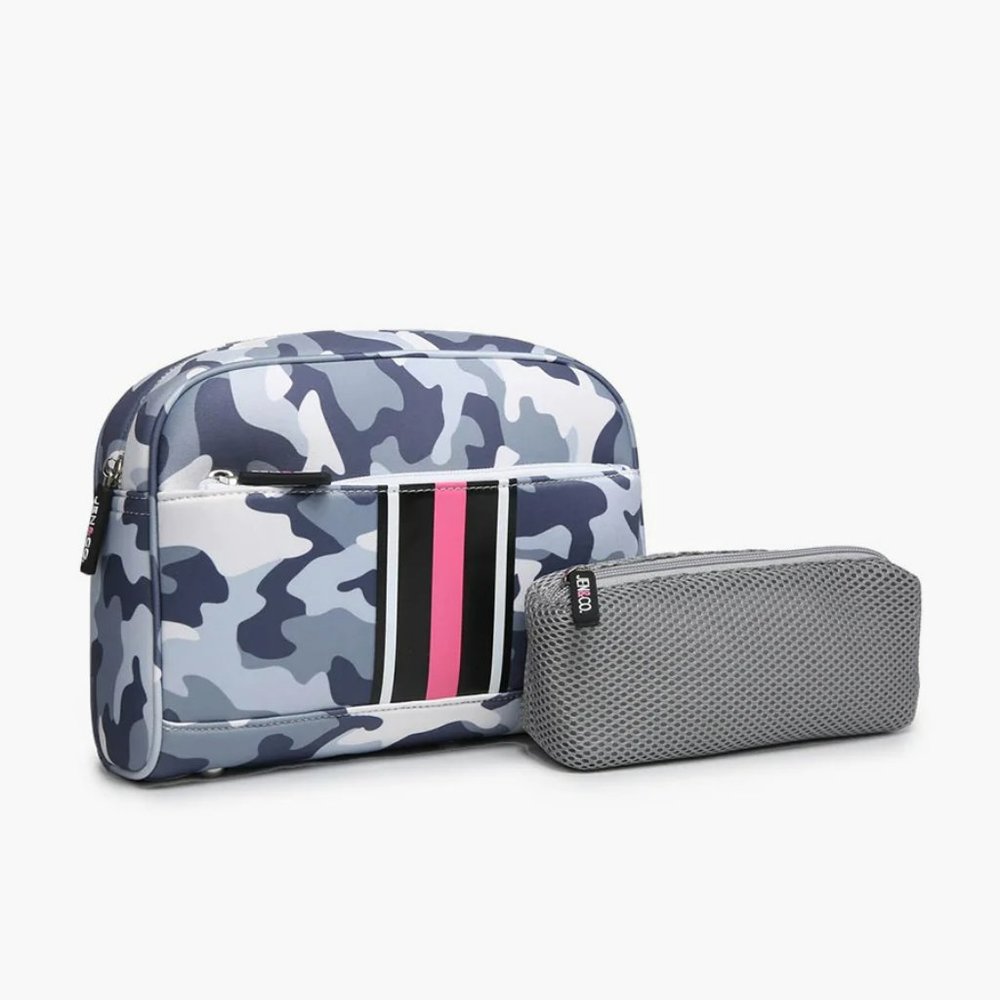 NWT Jen & Co Toni Neoprene Striped Cosmetic Bag In Camo Grey